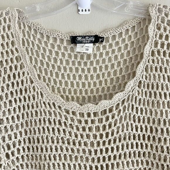 Boho Open Knit Crochet Top M Longline Cover Up Floral Festival Hi Low Hem Tan - Picture 3 of 10